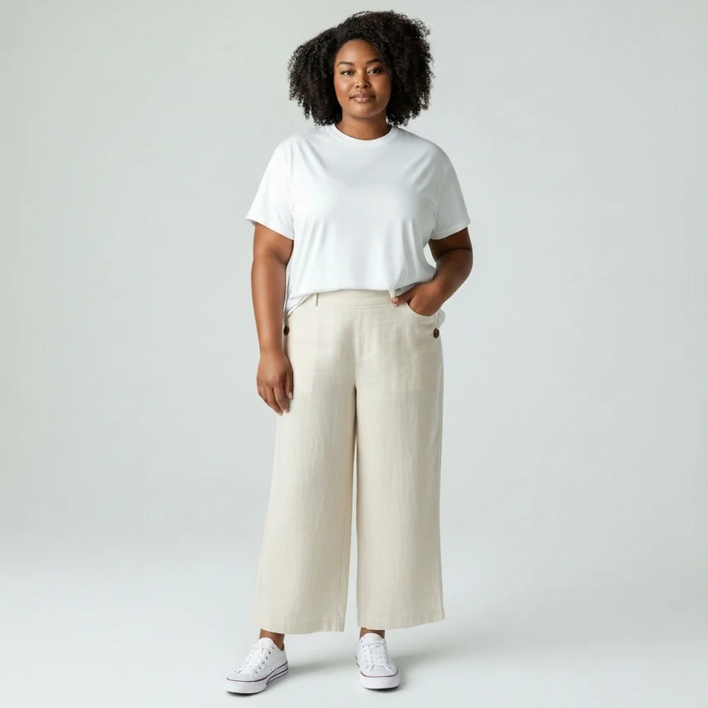 Anne Klein Cream Linen Wide‎ Leg Crop Cargo Pants Women 12